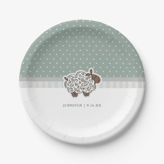 Baby Sheep Green Polka Dot Baby Dusche Pappteller (Vorderseite)