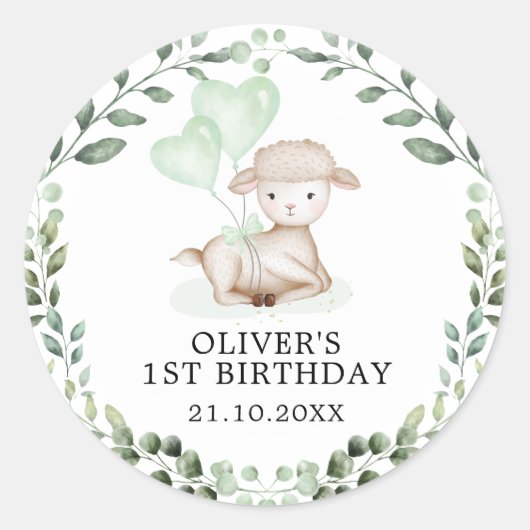 Baby Sheep Lamb Greenerity Wreath Neutral Geburtst Runder Aufkleber (Vorderseite)