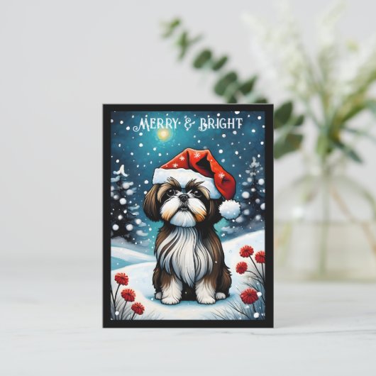 Baby Shih Tzu Snowy Meadow Santa Dog Weihnachten Postkarte (Stehend Vorderseite)