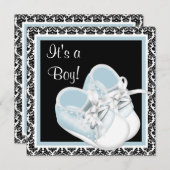 Baby Shoes Black and Blue Damask Baby Boy Dusche Einladung (Vorne/Hinten)
