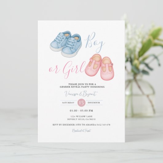 Baby Shoes GENDER REVEAL Party Einladung (Stehend Vorderseite)