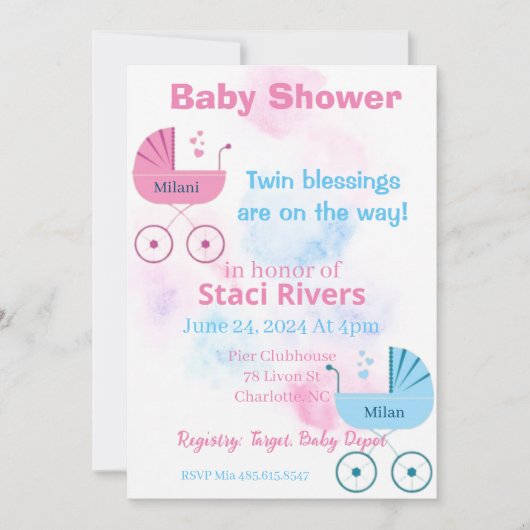 Baby Shooter Carriage Girl Boy Twins Einladung (Vorderseite)