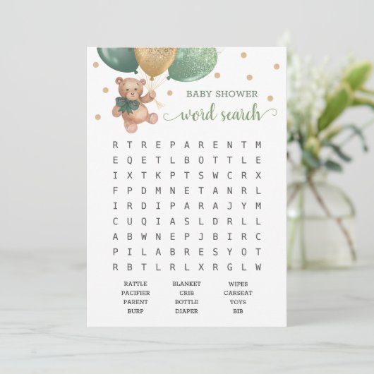 Baby Shooter Word Search Game Teddy Bear Blue Card Einladung (Stehend Vorderseite)