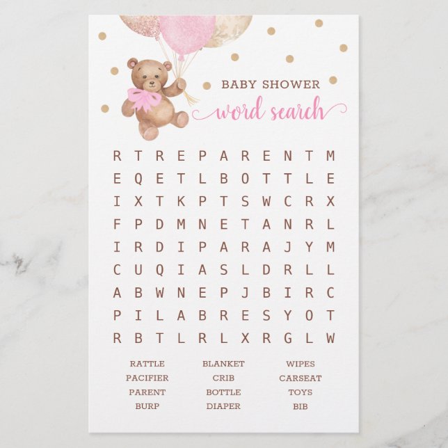 Baby Shooter Word Search Game Teddy Bear Pink (Vorderseite)