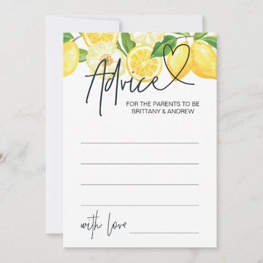 Baby Shower Advice Card Baby Showspiele Lemon Einladung (Vorderseite)