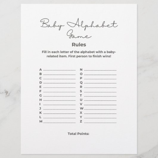 Baby Shower Alphabet Game Briefbogen (Vorderseite)