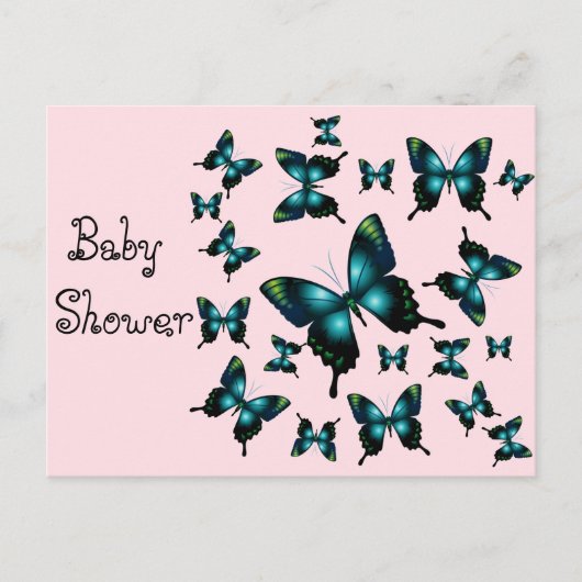 Baby Shower Aqua Butterfys Einladungspostkarte (Vorderseite)