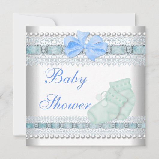 Baby Shower Baby Blue Hinterns Pearl Lace Einladung (Vorderseite)
