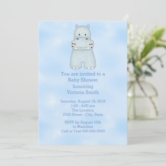Baby Shower Baby Boy Blue Hippo Einladung (Stehend Vorderseite)