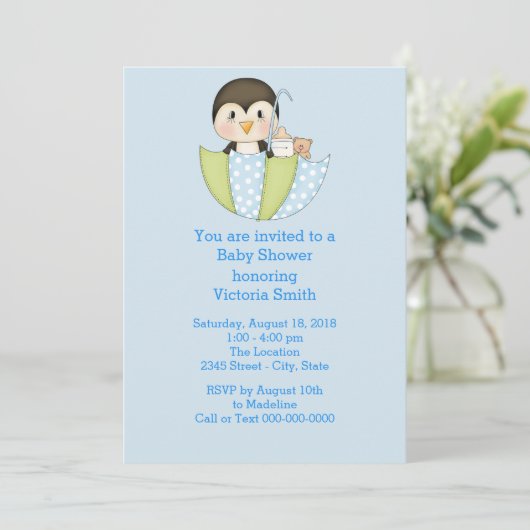 Baby Shower Baby Boy Penguin Einladung (Stehend Vorderseite)