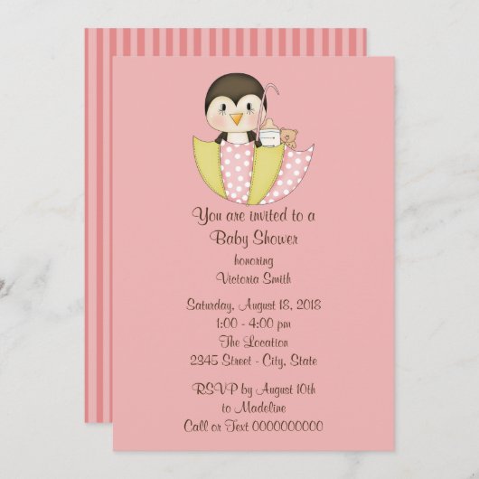 Baby Shower Baby Girl Penguin Einladung (Vorne/Hinten)