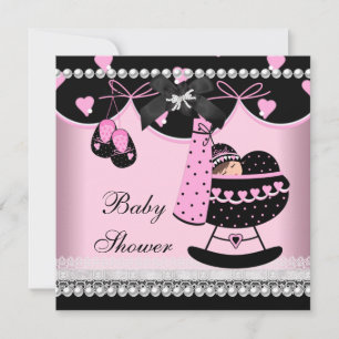 Baby Shower Baby Girl Pink Black Pearl Lace Einladung