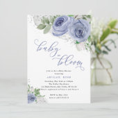 Baby Shower Baby in Bloom, Blue & Silver Blume Einladung (Stehend Vorderseite)