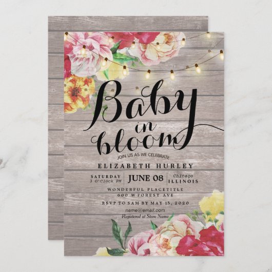 Baby Shower Baby in Bloom Blume String Light Wood Einladung (Vorne/Hinten)