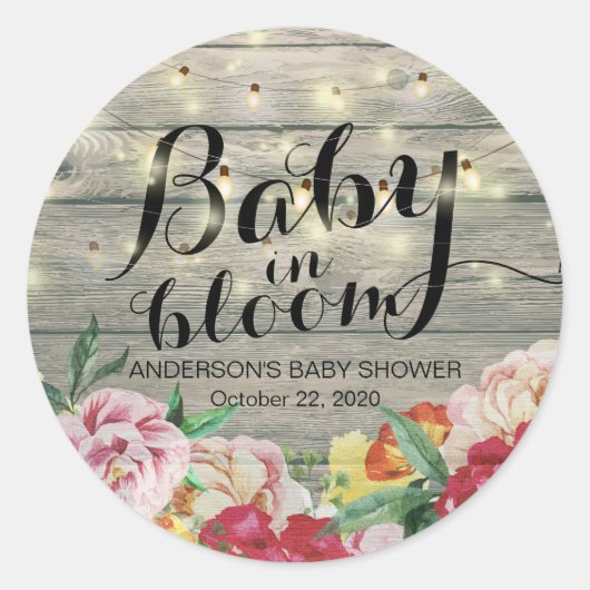Baby Shower Baby in Bloom Blume String Light Wood Runder Aufkleber (Vorderseite)