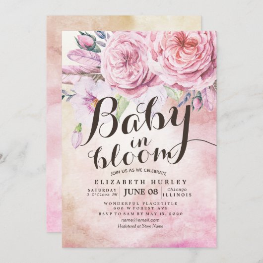 Baby Shower Baby in Bloom Bohemische Blume Feather Einladung (Vorne/Hinten)