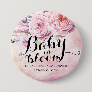 Baby Shower Baby in Bloom Boho Blume & Feathers Button