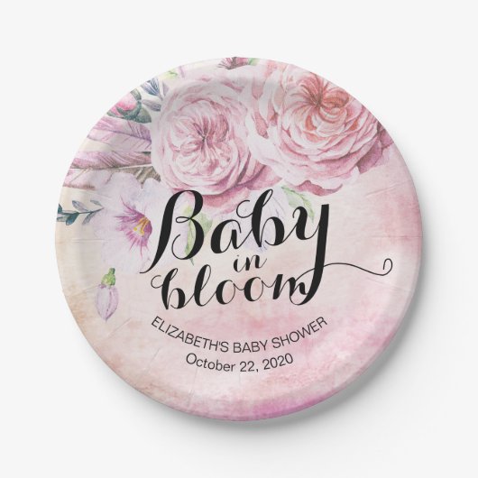 Baby Shower Baby in Bloom Boho Blume & Feathers Pappteller (Vorderseite)