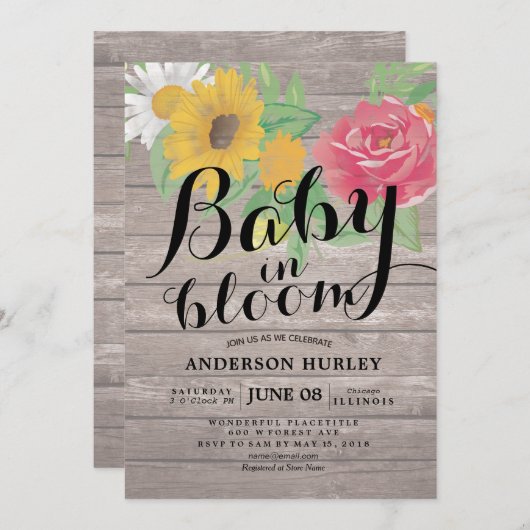 Baby Shower Baby in Bloom Chic Blume Rustikales Ho Einladung (Vorne/Hinten)