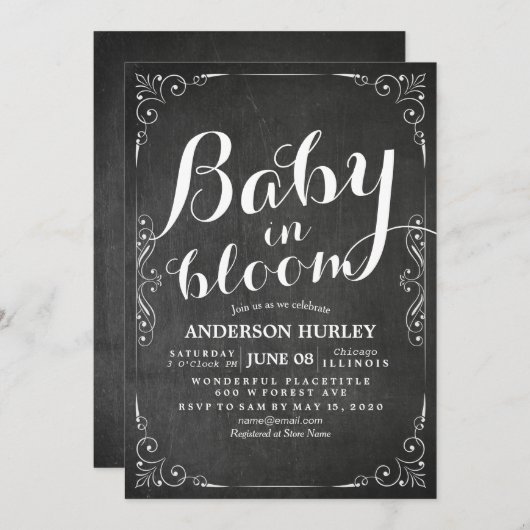Baby Shower Baby in Bloom Floral Frame Chalkboard Einladung (Vorne/Hinten)