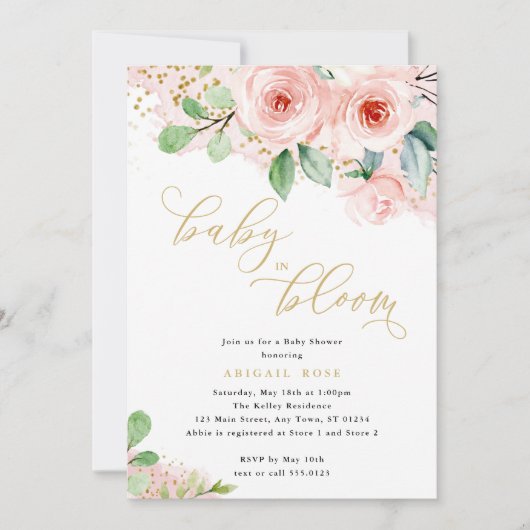 Baby Shower Baby in Bloom, Rosa Gold Floral Einladung (Vorderseite)