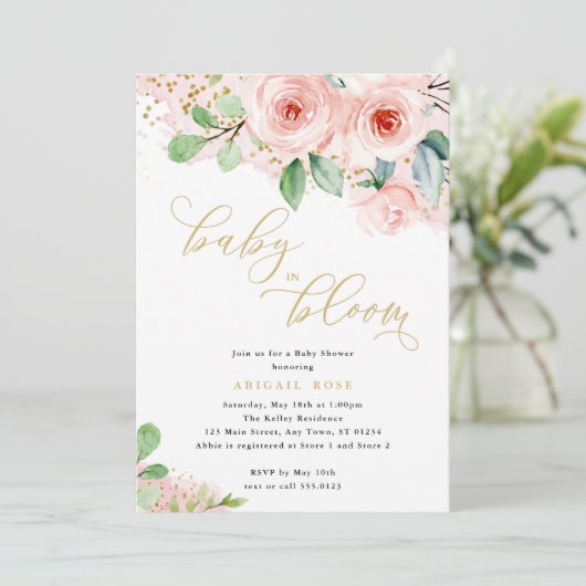 Baby Shower Baby in Bloom, Rosa Gold Floral Einladung (Stehend Vorderseite)