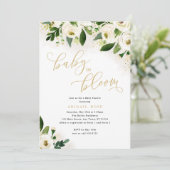 Baby Shower Baby in Bloom White Gold Floral Einladung (Stehend Vorderseite)