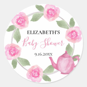 Baby-Shower-Baby-ist-im-Anflug-Rosa-Teekanne-Blume Runder Aufkleber