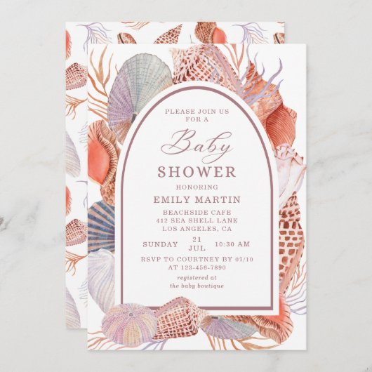 Baby Shower Beach Seashells Wasserfarbe Schöne Einladung (Vorne/Hinten)