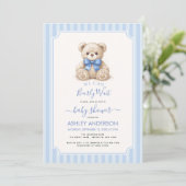 Baby Shower Bearly Wait Teddy Bear & Blue Stripes Einladung (Stehend Vorderseite)