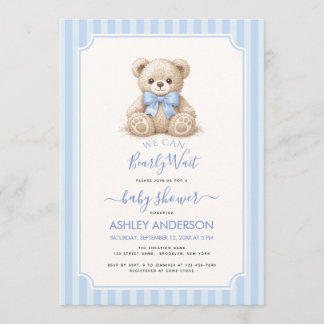 Baby Shower Bearly Wait Teddy Bear & Blue Stripes Einladung