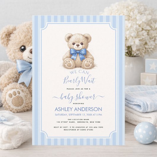 Baby Shower Bearly Wait Teddy Bear & Blue Stripes Einladung