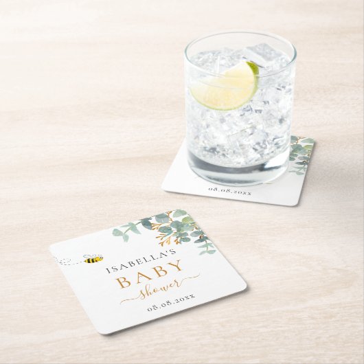 Baby Shower bee eucaluptus script Party Rechteckiger Pappuntersetzer (Vor Ort)