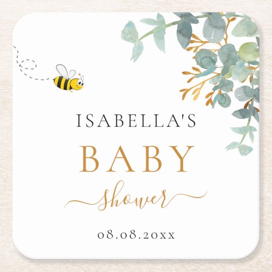 Baby Shower bee eucaluptus script Party Rechteckiger Pappuntersetzer (Vorderseite)
