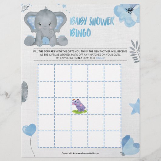 Baby Shower Bingo [Baby Elephant [blau] Briefbogen (Vorderseite)