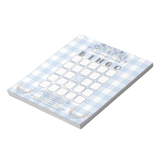 Baby Shower Bingo BOHO Baby Blue Gingham Notizblock (Rotiert)