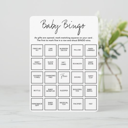 Baby Shower Bingo Cards, Unique Prefilled Baby Bin Einladung (Stehend Vorderseite)