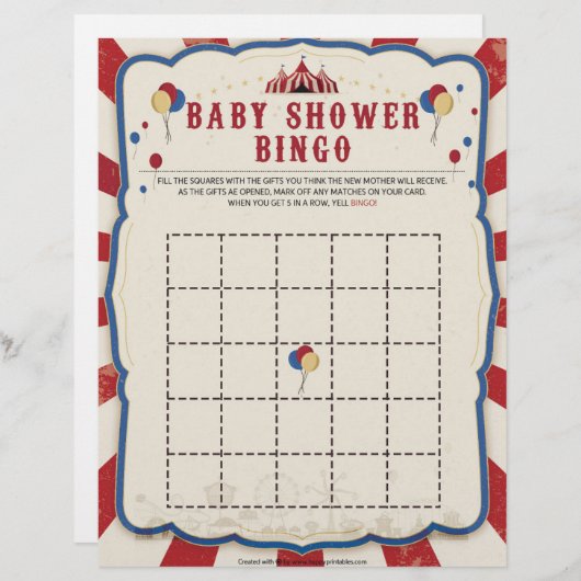 Baby Shower Bingo [Circus Theme] Briefbogen (Vorne/Hinten)