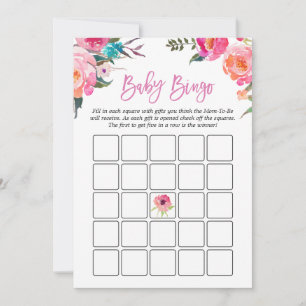 Baby Shower Bingo Game Aquarellfarbe Rosa Blüten Einladung