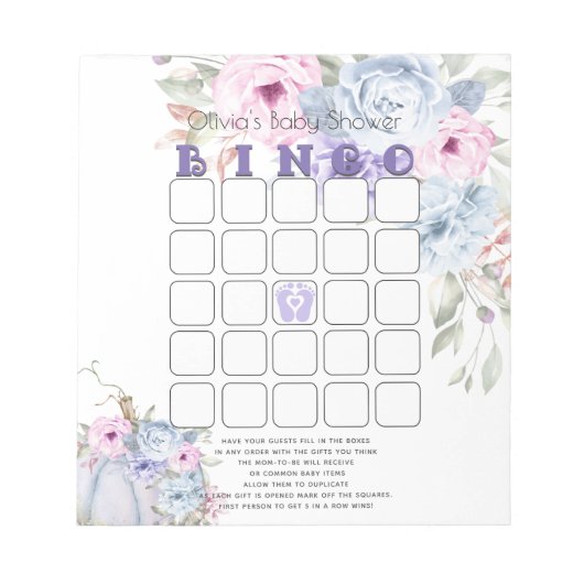 Baby Shower Bingo Lilac Blue Pumpkin Peony Floral Notizblock (Vorderseite)