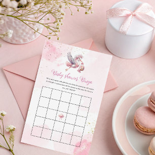 Baby-Shower-Bingo mit Storch-Design und rosa Wolke