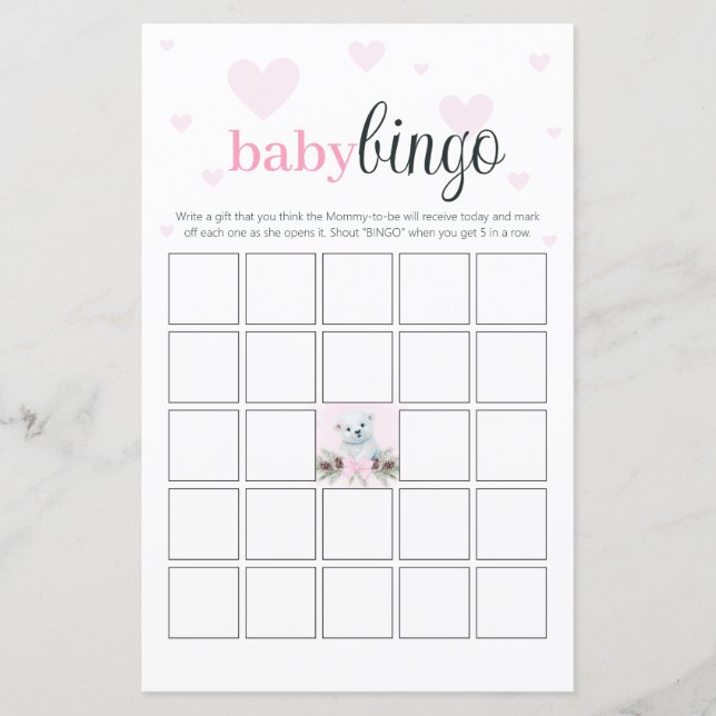 Baby Shower Bingo Party Game Pink Hearts Bear Cube (Vorderseite)