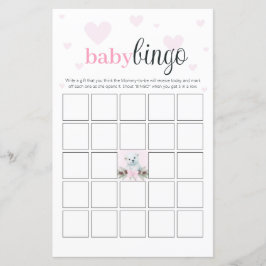 Baby Shower Bingo Party Game Pink Hearts Bear Cube