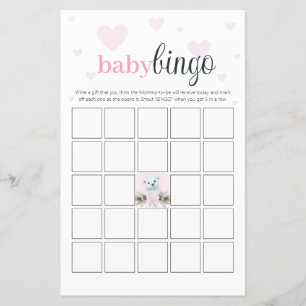 Baby Shower Bingo Party Game Pink Hearts Bear Cube