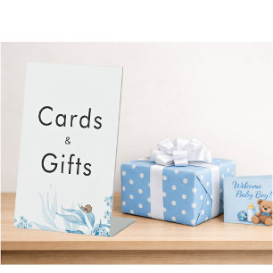 Baby Shower Blaue Blumengrußkarte & Geschenke Sockelschild