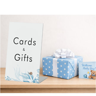 Baby Shower Blaue Blumengrußkarte & Geschenke Sockelschild