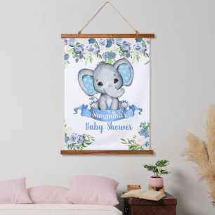 Baby Shower Blaues Jungen Elefant Schild Wandteppich Mit Holzrahmen