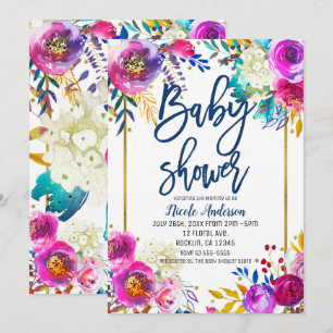Baby-Shower Blaues Skript Fette Wasserfarbe Floral Einladung