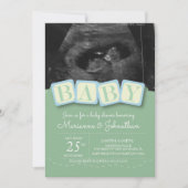 Baby Shower Blocks Boy Kariert Ultrasound Foto Inv Einladung (Vorderseite)