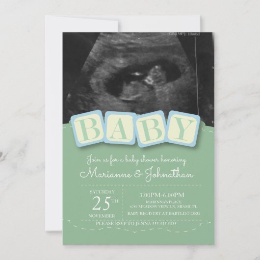 Baby Shower Blocks Boy Kariert Ultrasound Foto Inv Einladung (Vorderseite)